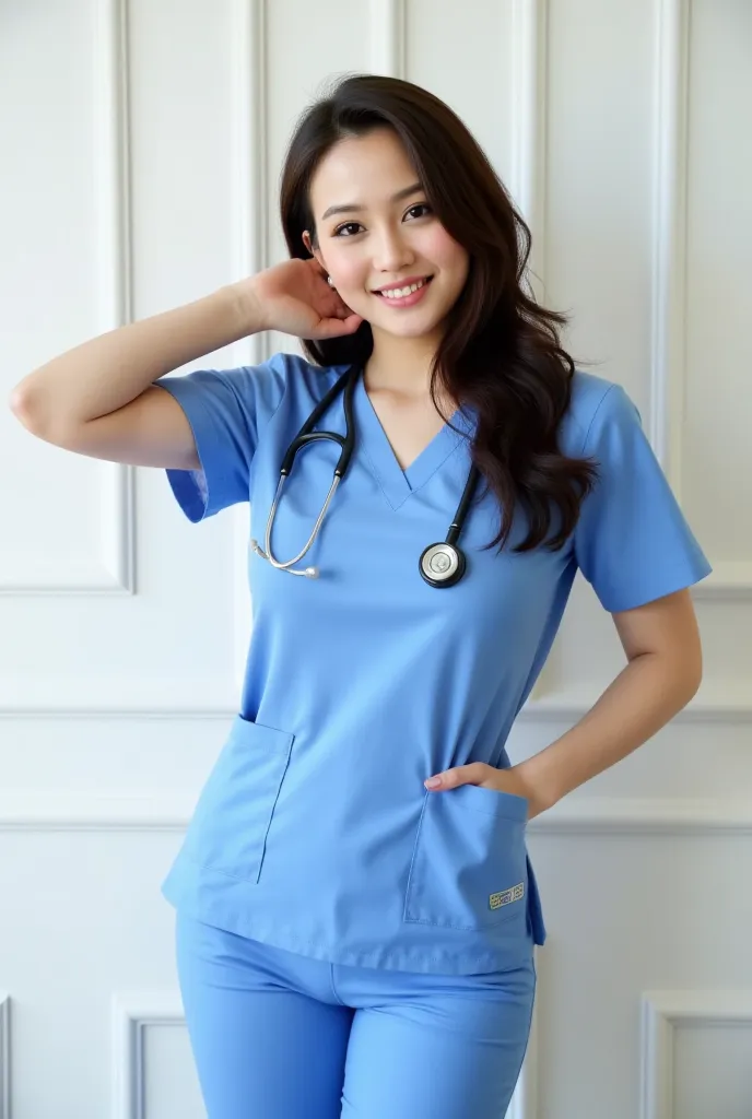 A young Asian female nurse with a slim physique, wearing blue medical scrubs with a stethoscope around her neck. She has long, dark hair styled in a loose, wavy manner. She poses confidently, one hand resting on her head, with a soft smile and a relaxed ex...