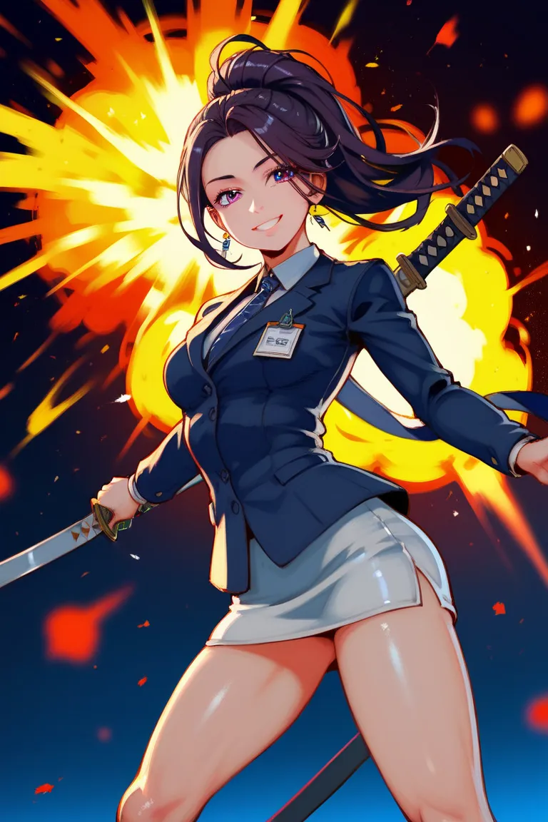 High quality anime style girl holding a katana, She maintains a graceful posture, with a smile on her face, Explosion in the background, 4K, Realism, Rich Details, high resolution, HDR, super exquisite, Professional grade , vivid colorful, soft light and s...