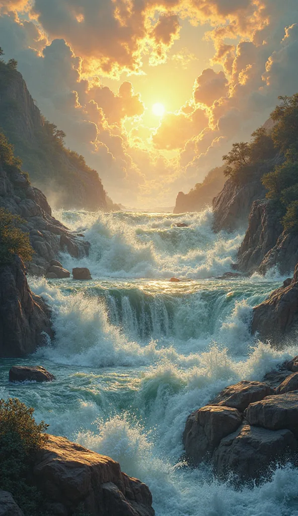  An immense and turbulent river with gigantic waves crashing against stones. The sound of water seems to echo like a powerful voice. Golden reflections shine on the surface, and a translucent heavenly silhouette appears in the background, giving the impres...