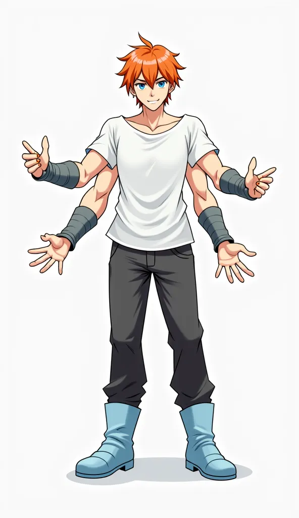 full image, HD wallpaper,  from the front, anime art, white background,  handsome man , orange hair, blue eyes, high, four arms,  a little muscular, with white short sleeve shirt, Looking 20 years old, black pants, sky blue boots,  smiling, Cabello goes ba...