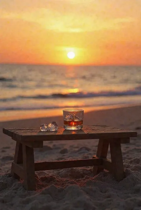 Create an image of a rustic wooden table set in the sand of a beach during sunset. On the table, there is a low glass with whiskey and some ice cubes. In the background, the sea and the orange sky meet, creating a calm and reflective atmosphere of the end ...