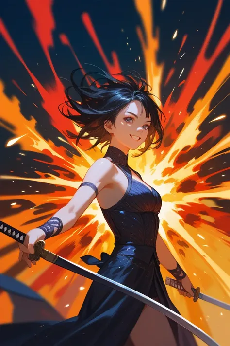 Cute girl holding a katana in high quality anime style, She maintains a graceful posture, with a smile on her face, Explosion in the background,