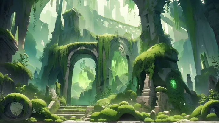 Ancient Celtic ruins overgrown with emerald ivy and moss, where a ghostly harp echoes through the air. Soft green light illuminates weathered stone carvings and mystical symbols, evoking long-forgotten legends in a surreal, nature-drenched landscape