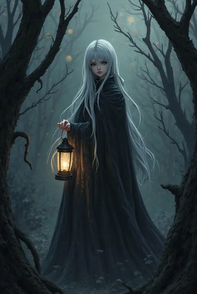 The main composition element： The girl with long white hair （allows you not to see your face），Black cape covers head，holding a lantern in his hand，surrounding background, the main character of the Cthulhu style, the black octopus tentacles stick out from b...