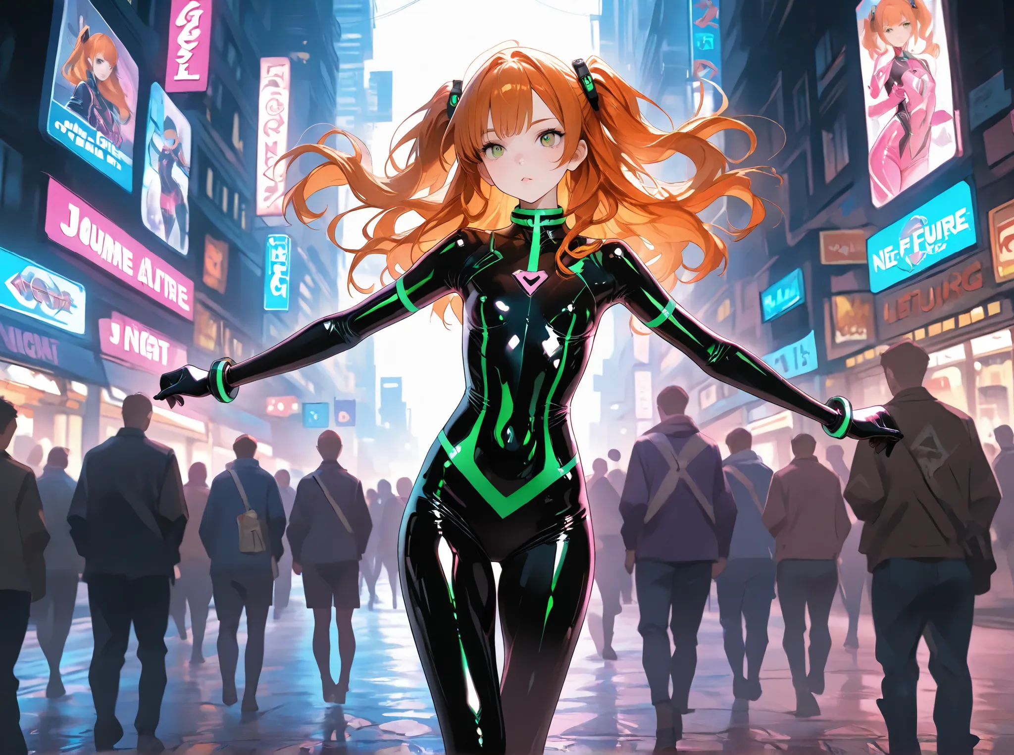  1girl , girl, very skinny,  glossy latex bodysuit, girl, beauties, ginger hair, very thin thighs, small breast, look at the front, Jump , background　future　Night City　Crowded buildings　 neon sign 　Aerial view　A hazy moon