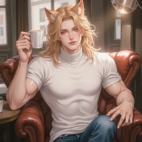 1 man,  casting, sharp, Charming,  Golden-haired,  long hair, Low ponytail, Light on the muscles, SOFT TURTLENECK T-SHIRT, Jeans,  blue eye, sexy, Animal ears(Golden Dog Ears), Smiley ,  big muscles , big muscles, header, Masterpiece, precise, qualityที่ดี...