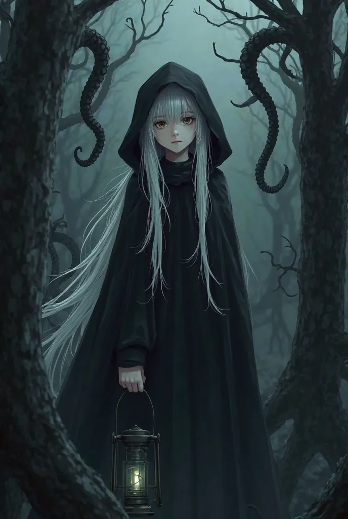 The main composition element： The girl with long white hair （allows you not to see your face），Black cape covers head，holding a lantern in his hand，surrounding background, the main character of the Cthulhu style, the black octopus tentacles stick out from b...