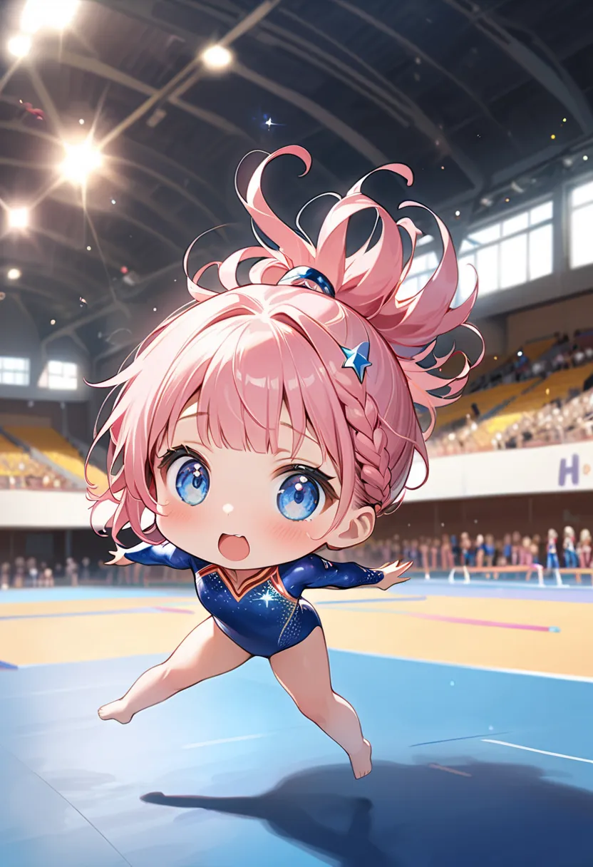 ((national gymnastics competition held in a large gymnasium:1.5、Floor performance in gymnastics events:1.5、far from the floor and upside down:1.5、Jump close to the ceiling:1.5、Swoop:1.5))、((dynamic pose:1.5、dynamic angle:1.5、motion blur:1.5))、(((one girl:1...