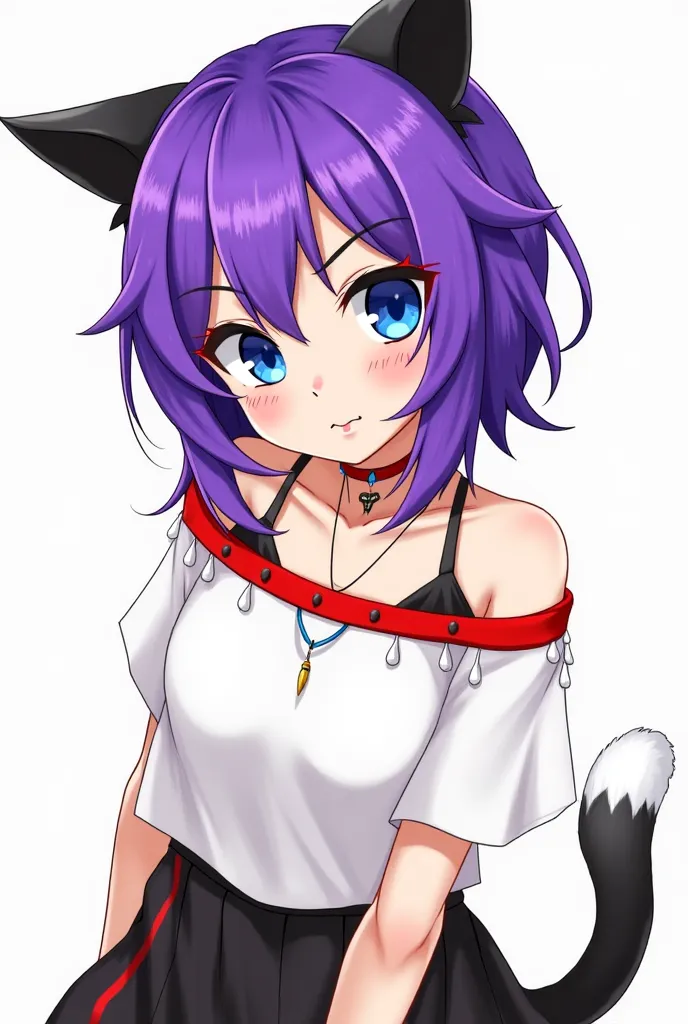 Imagine a dynamic character that embodies both the playful essence of a cat and the elegance of an anime heroine. She has vibrant purple hair cascading around her shoulders, with short, spiky bangs framing her face and longer strands flowing down. Her larg...