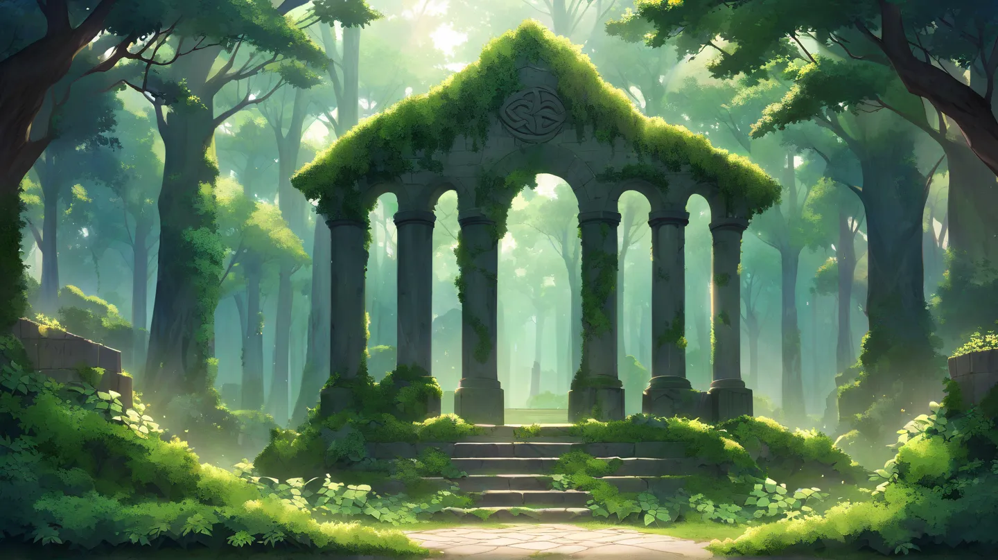 Ancient Celtic ruins covered in moss and ivy, in the middle of a lush forest with abundant shades of green. The weathered stone shows subtle Celtic symbols, as a mystical mist slips through the trees.  dreamlike and mystical environment 