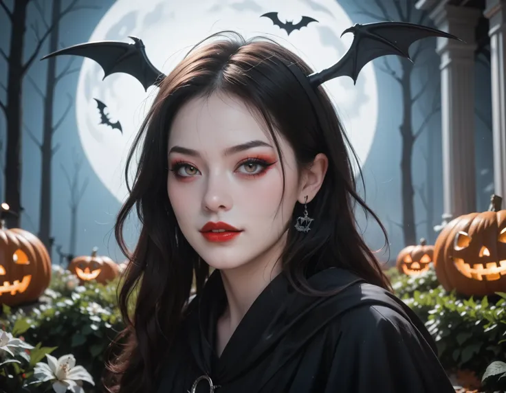 (((Best quality, 8k, Masterpiece: 1.3)), ((best quality)), ((masterpiece)), (detailed), perfect face, Makeup for Halloween, Gothic horror, Bat wings, black clothes, black cloak, white skin, pale skin