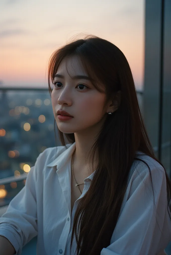 long ,  straight hair , At dusk、sitting on a modern rooftop terrace.  she says 、wearing a casual yet elegant white blouse, Her expression is gentle、staring at the horizon in a calm manner. The sky is dyed in an orange and pink gradation, Below、twinkling ci...