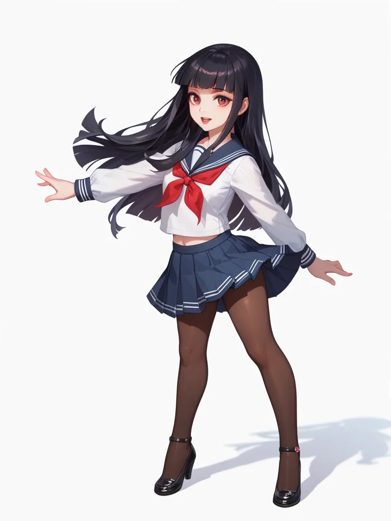 solo, standing, full body, hime_cut, sailor uniform, school uniform, red ruby eyes, black hair, pantyhose, middle skirt, white back ground,
open mouth,