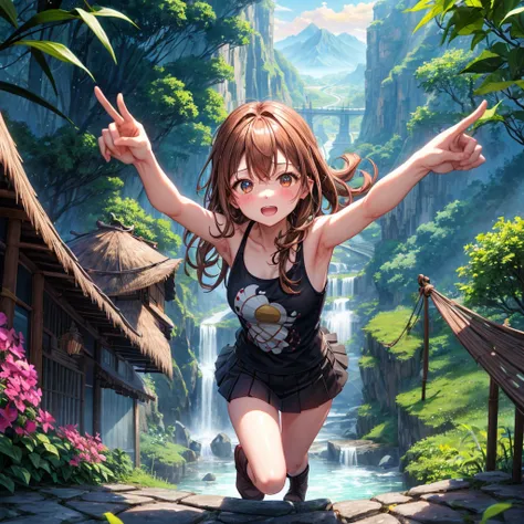 pink brown brown gold hair、 eye、  Has hair tied  、Two cute people、 Check Mini Skirt、  black t-shirt、 Light clothing、 tank top、 camisole、high socks、 Boots、 teeth inside、  The Road Is Crooked 、Mountain々、Stick together  、 bamboo forest、 chest pocket  、rock sa...