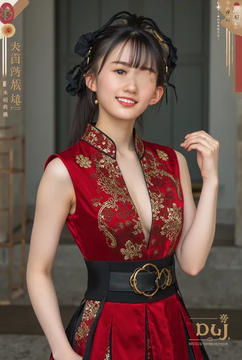  one girl ,  high image quality,  top quality,  very well detailed,  China dress、 miniskirt 、chest cutout、smile、sticks out your butt、