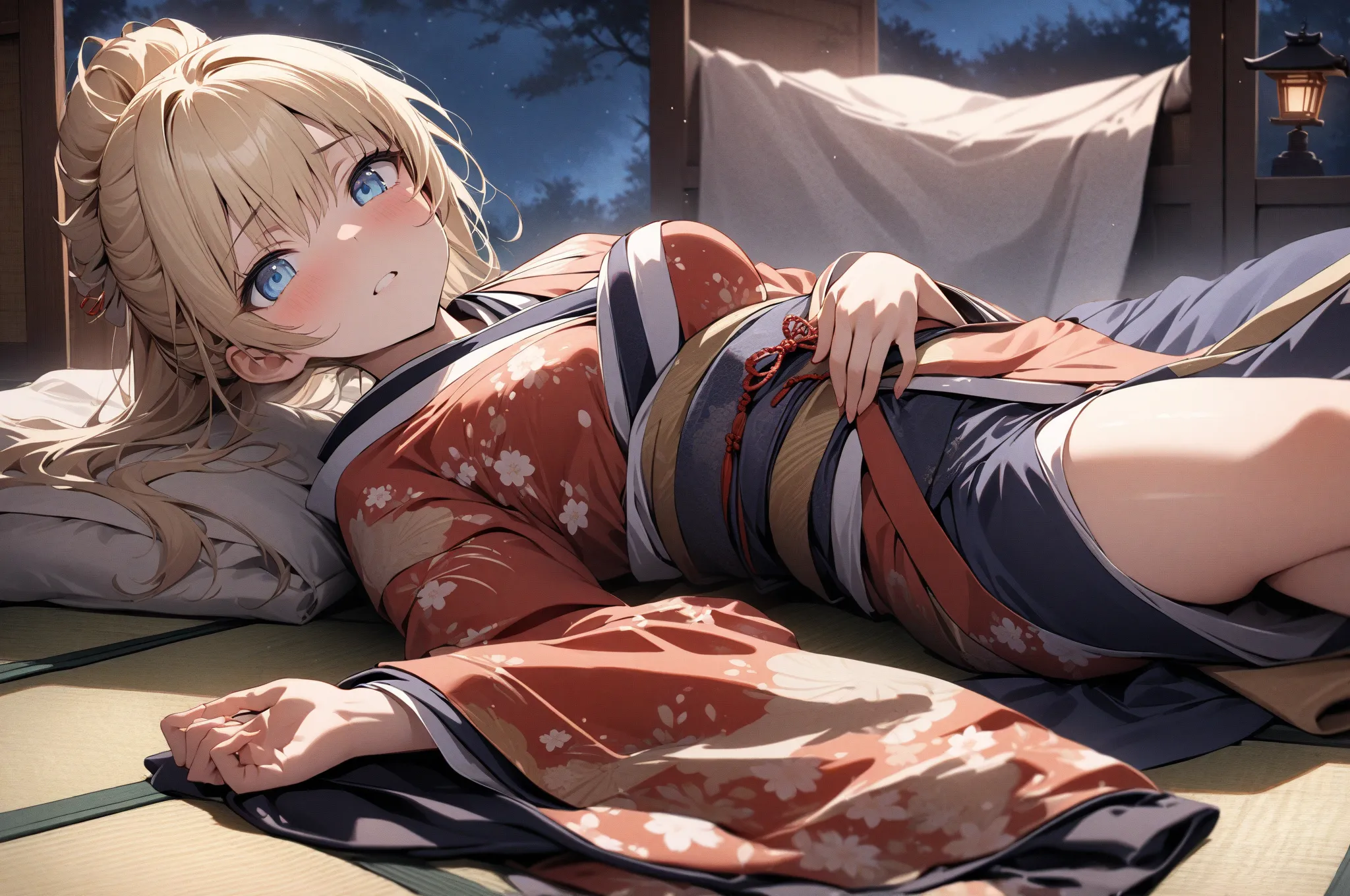 (masterpiece, detailed:1.2), One Girl, (18-years old), blonde one updo, Medium Breasts, sky blue eyes, BREAK, Highest quality, Washitsu, Japanese room, Tatami, Kimono, lie on back, Fullbody from front below:1.3, at night, Andon lantern