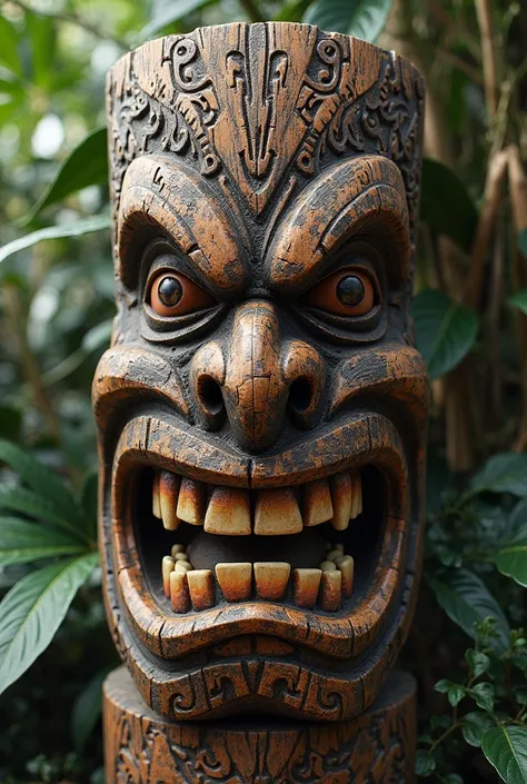 a photo of a Hawaiian tiki statue head, menacing smile, aggressive and imposing statue, realistic