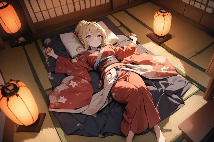 (masterpiece, detailed:1.2), One Girl, (18-years old), blonde one updo, Medium Breasts, sky blue eyes, BREAK, Highest quality, Washitsu, Japanese room, Tatami, Kimono, lie on back, Fullbody from front below:1.3, at night, Andon lantern