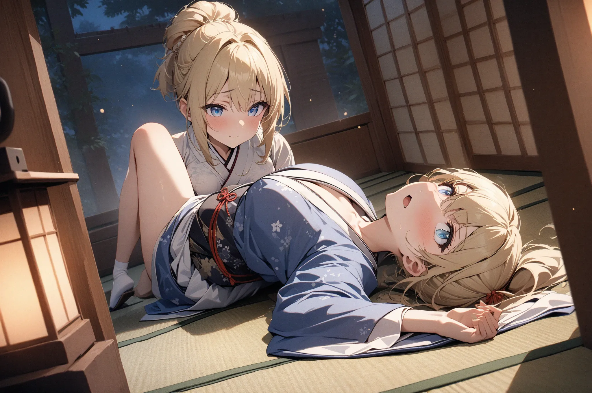 (masterpiece, detailed:1.2), One Girl, (18-years old), blonde one updo, Medium Breasts, sky blue eyes, BREAK, Highest quality, Washitsu, Japanese room, Tatami, Kimono, lie on back, Fullbody from front below:1.3, at night, Andon lantern