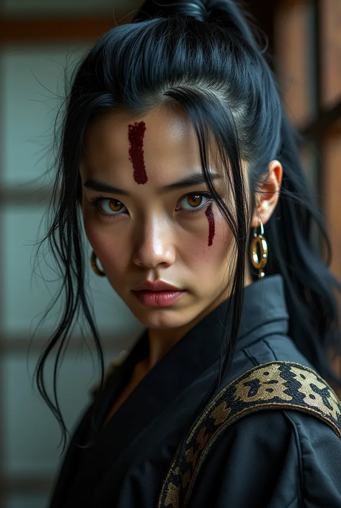 black hair, chonmage, scar across eye, hoop earrings, upset, amber eyes, high detail, modern, Contemporary art, cinematic lighting, dutch angle, Sony FE GM, UHD, best quality, highres, 16k