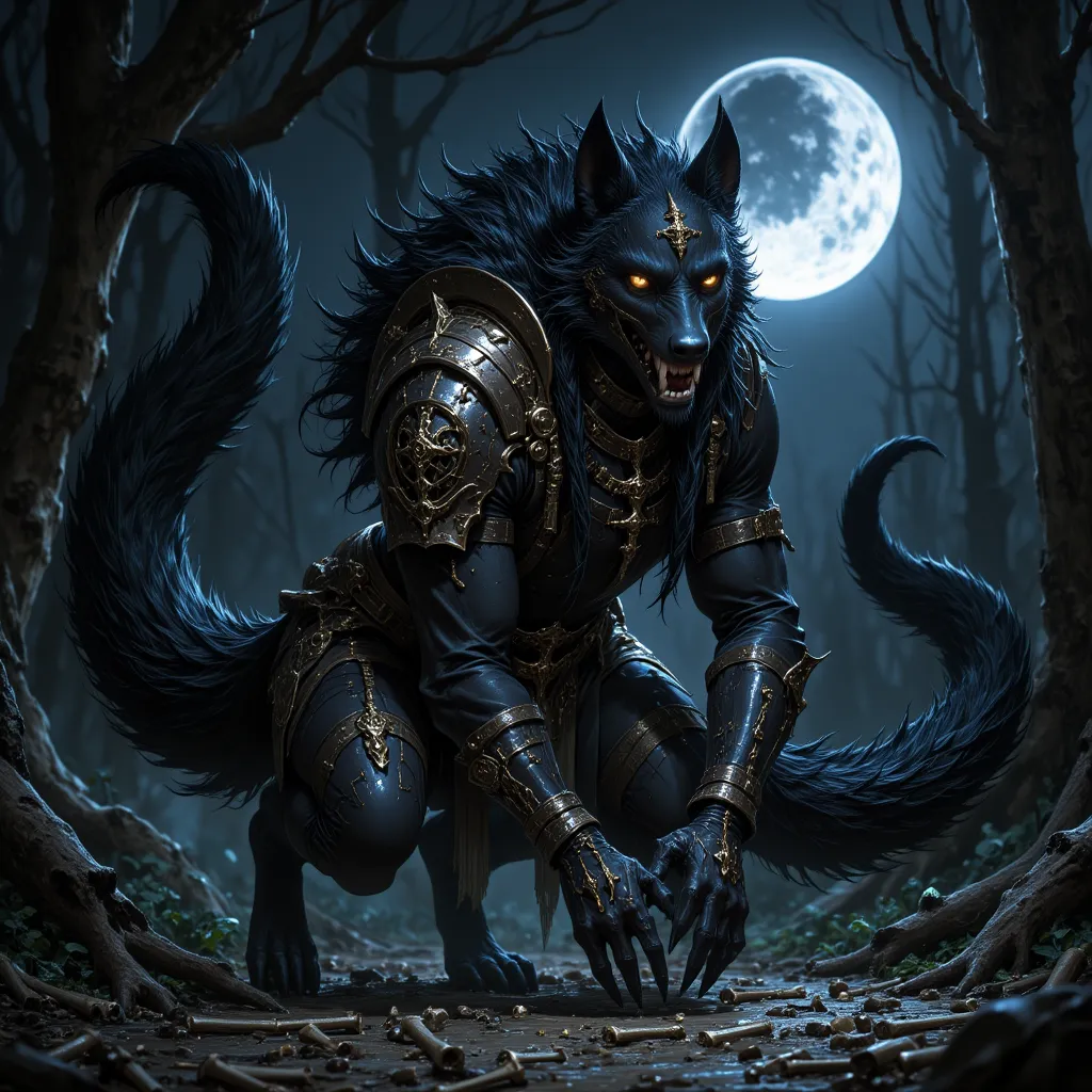 A fierce and majestic beastwoman warrior, a fusion of human and wolf, with golden piercing eyes and sleek fur covering her athletic body. She has sharp claws and a long, bushy tail, moving gracefully like a predator. She wears tribal leather armor adorned ...