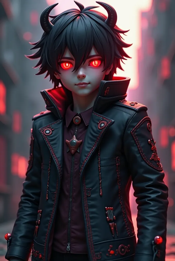 black jacket with red detail of a male Minecraft character with red eyes with small red horns with dark brown hair with a Minecraft background