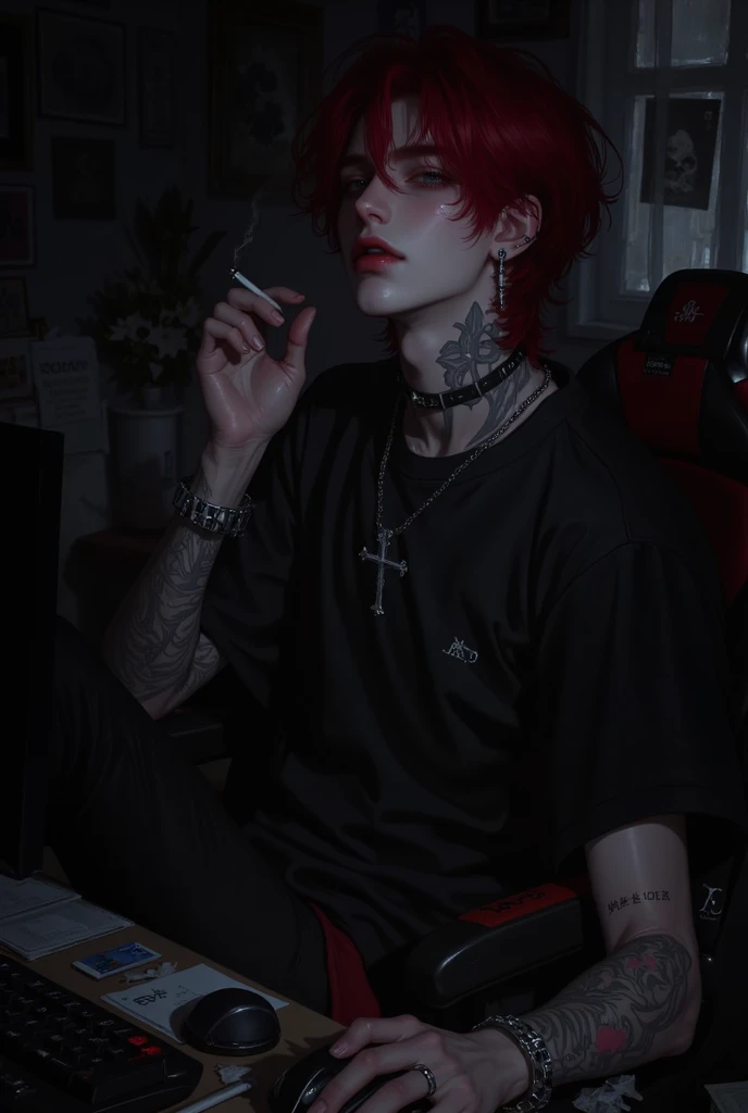 A hyper-realistic, portrait, sitting on his gaming chair with one of his leg lifted on the chair, wrapping the leg by his right arm while holding on to a gaming mouse playing a pc. Atmosphere is chill and dark as if it's a room of a hopeless meaningless li...