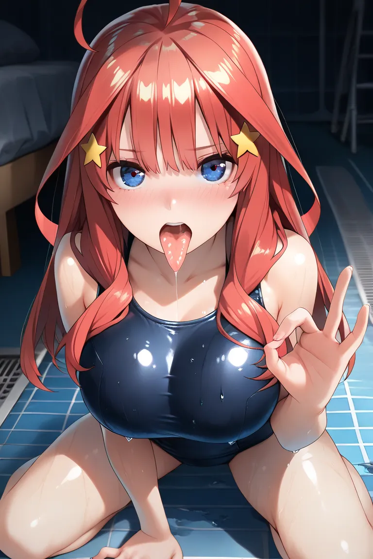 1girl,nakano_itsuki, blue eyes, red hair, long hair, ahoge, shiny hair texture, (super detailed hair:1.2),star hair ornament, school swimsuit, JK, (masterpiece:1.3),(ultra detailed:1.3),(best quality:1.3),(extremely detailed CG :1.2), (detailed beautiful e...