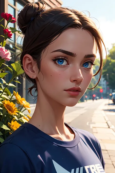 score_9, score_8_up, score_7_up, 
1 girl, short hair with a bun, ,  cropped Nike t-shirt, blue eyes warm tones,looking at camera, standing in an empty street