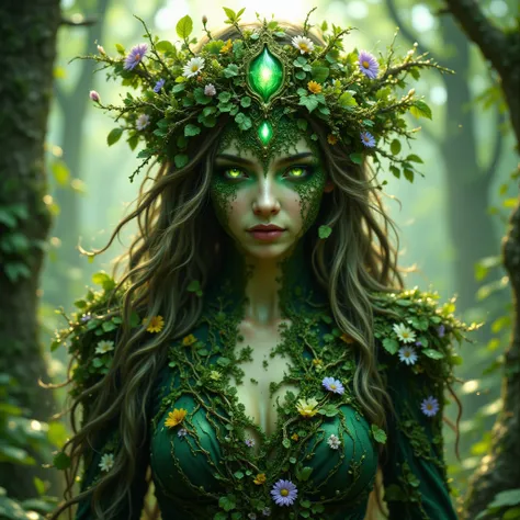 A mystical dryad, a spirit of the forest, with emerald glowing eyes and skin covered in delicate tree-bark patterns. Her long hair is woven from leaves, vines, and blooming flowers, flowing gently in the breeze. She wears an enchanted gown made of moss and...