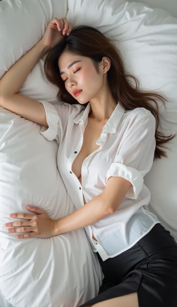 a beautiful woman, Asian look, straight hair, sleeping in a white bed in seductive posture with her eyes closed.  She wears a white short sleeved collared unbuttoned shirt, and a black skirt with slit on the side.