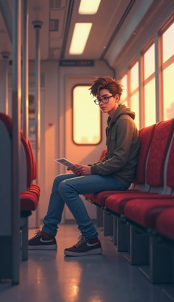 An animated image of a young man seated in a train carriage, facing forward with a relaxed expression. He holds a ticket in his hand and is dressed in a casual jacket and jeans. The interior of the train is modern, with seats and bright lighting. He is sit...