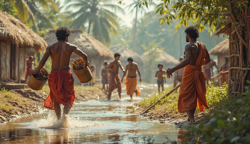 "A lively village scene where Arjun is running back and forth from the river carrying two large water buckets, his face determined and his clothes drenched in sweat. Meanwhile, Ravi is calmly collecting bamboo sticks, ropes, and a hollow pipe, planning to ...