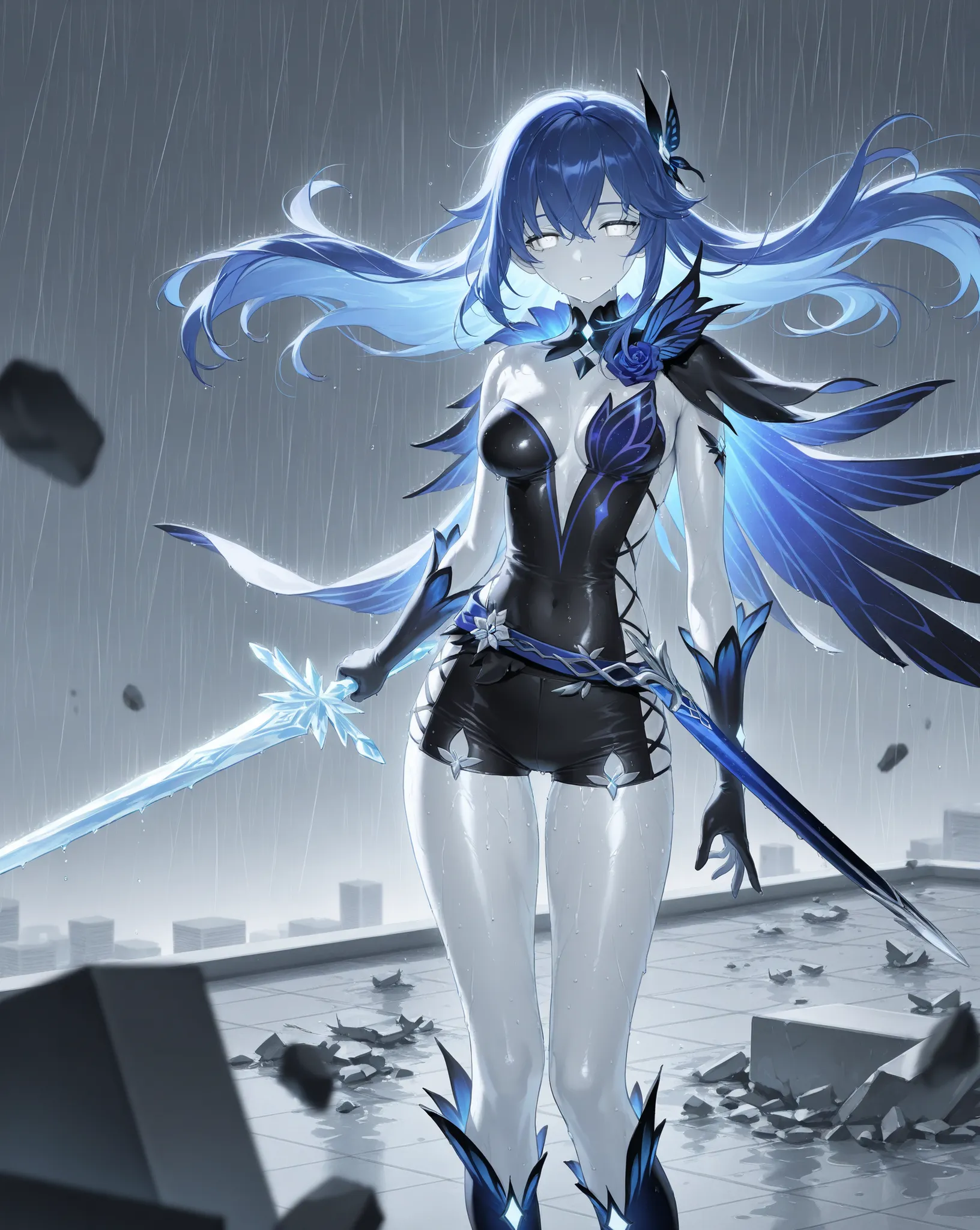 best image quality、High Resolution、 Resplendent Diamond Blue Hair 、white eyes、、rooftop、  black ice clothes、beautiful breasts、  best thighs、GalaxyAura、 long hair、best image quality、floating rubble、Black Shorts、 white skin、 the royal family、、Straight face、Wa...