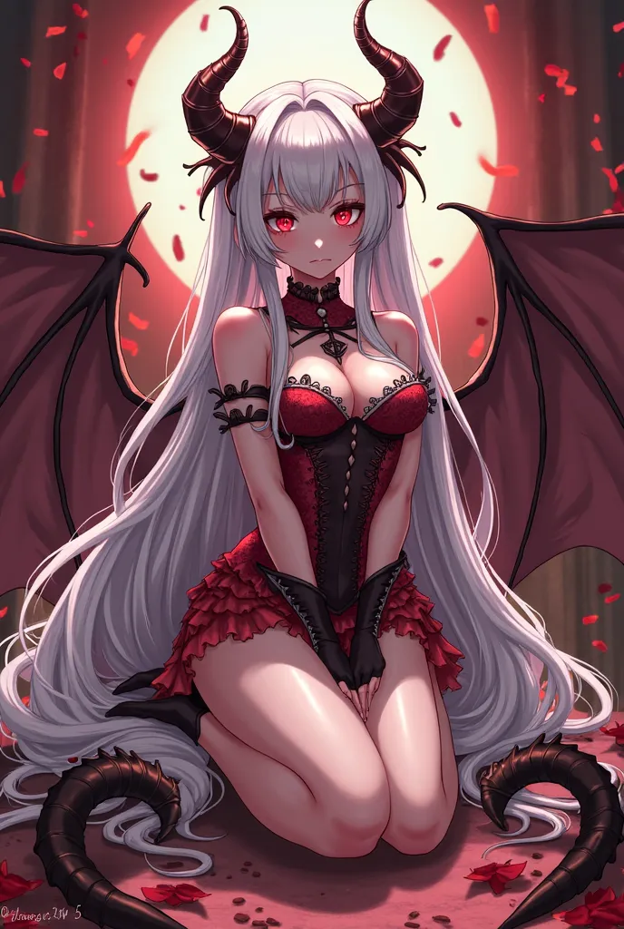 anime girl with horns and horns laying on the ground, beautiful succubus, demon anime girl, succubus, anime monster girl, demon girl, mika kurai demon, succubus in tight short dress, white horns queen demon, demoness, shalltear from overlord, monstergirl, ...