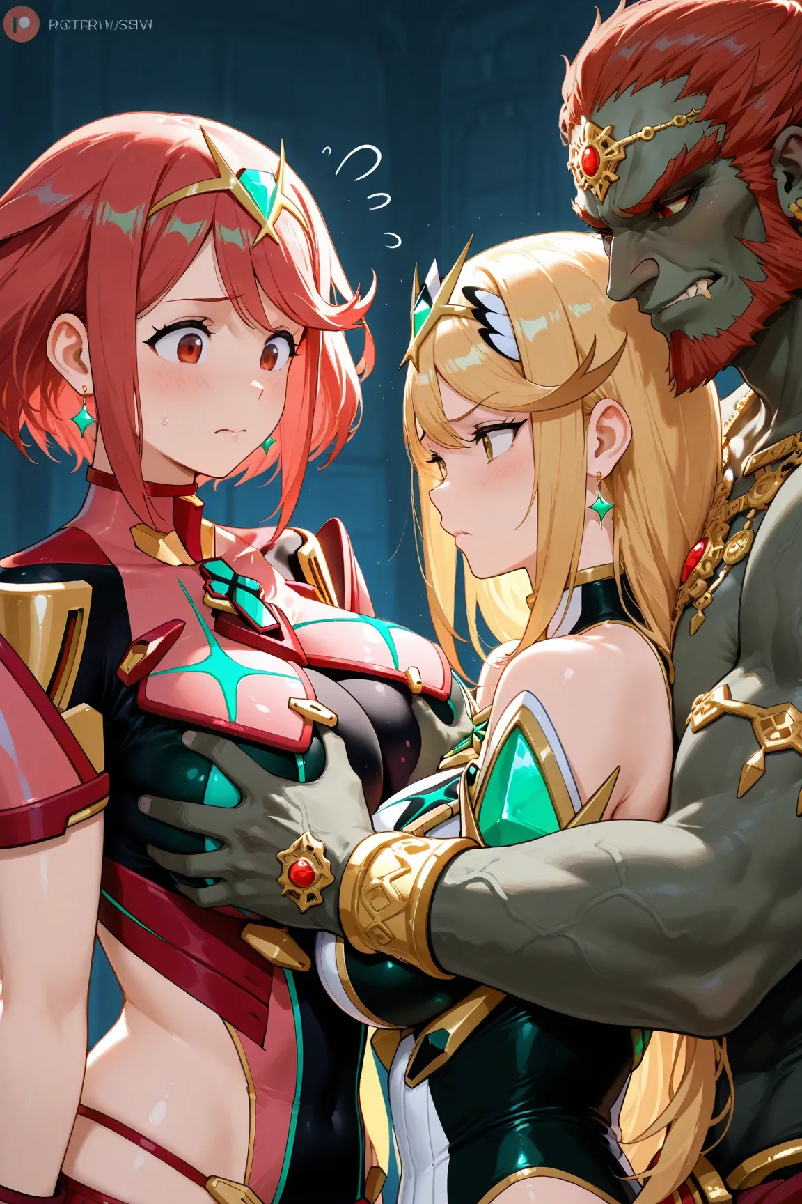 2 girls, mythra and pyra,1 male, ganondorf, ganondorf groping both mythra and pyra, worried expression, horny