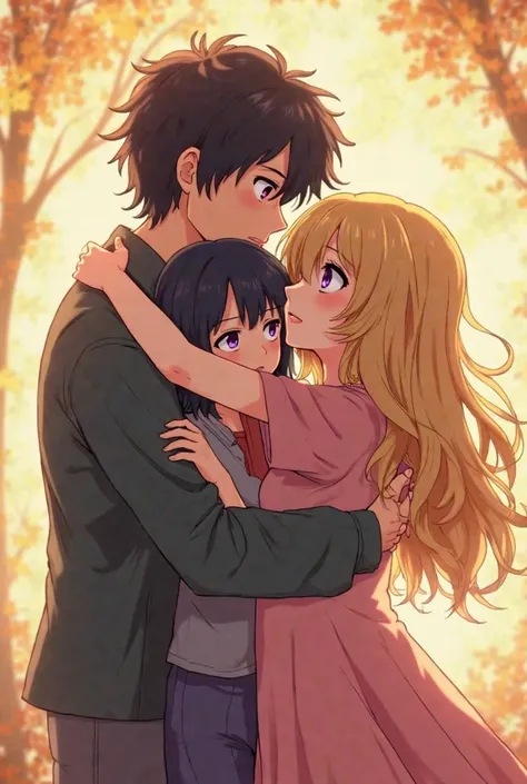 anime style, Make 3 people hugging each other in a romantic way, the middle person is a short beautiful girl like the Sun, her long wavy blonde hair, on her right side hugging, Is there a tall girl with short black hair who is irritated, And on the left si...