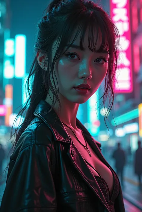 (ultra realistic) (format16:9) ( character) Cyberpunk Japanese woman ( city) with a lot of neon 