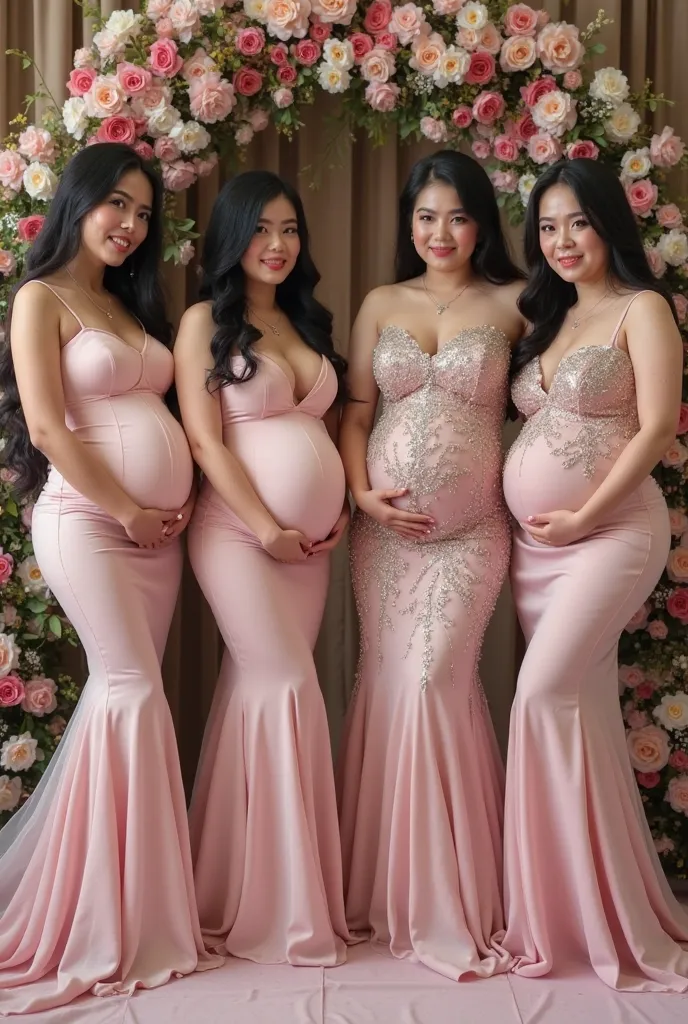 Four high-class elegant voluptuous 20-year-old, gorgeously chubby, plus-size, curvy, thicc, pregnant, voluptuous Cambodian Miss Universe models; having beautiful long straight black hair, wearing pink erotic sexy transparent glittering tight thin wedding d...