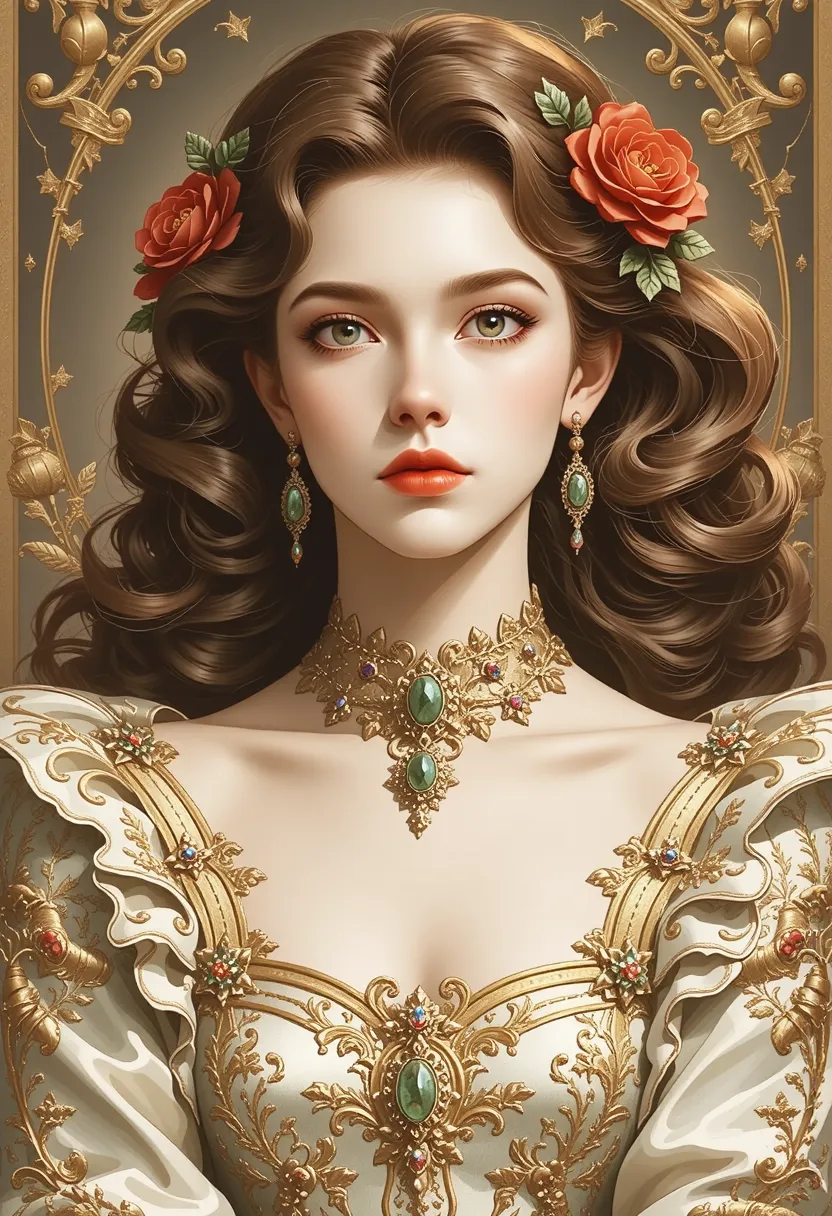 “An elegant girl in the Art Nouveau style. She has a beautiful face, pale skin like glazed tiles, large gray eyes and pale red lips, long dark brown hair curled in large curls, beautifully styled her hair and adorned with gold head ornaments and red flower...