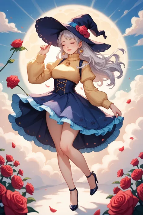 A dreamy, pastel-colored illustration of a young woman with long, wavy, silver-white hair flowing behind her. She wears a stylish, wide-brimmed hat adorned with roses and a pointed, whimsical extension resembling a witch’s hat. The sun is setting behind he...