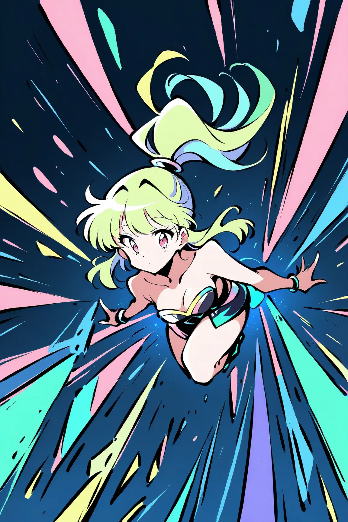 (has the best quality, sketch:1.2),practical, illustration designer  ,cunning，1 girl is flying ， strapless， Neon long hair  ,  high ponytail green  ，Light pink and fluorescent green，Ultra wide angle，perspective。 masterpiece,  This style is very retro, Emph...