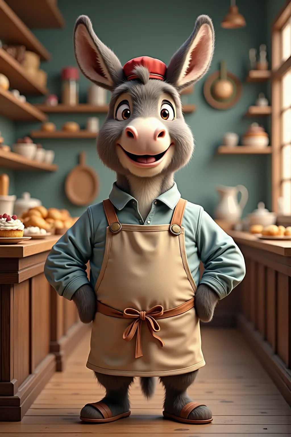 photorealistic full body portrait of Dressed animals - a ((fat))  (baby donkey) bakery,(art by Simon Bisley),(happy smile:1.5),(furry), high quality,(lovely) hands on hips,, (Wearing bakery's clothes) , (wearing apron and shirt ), highly detailed (bakery's...