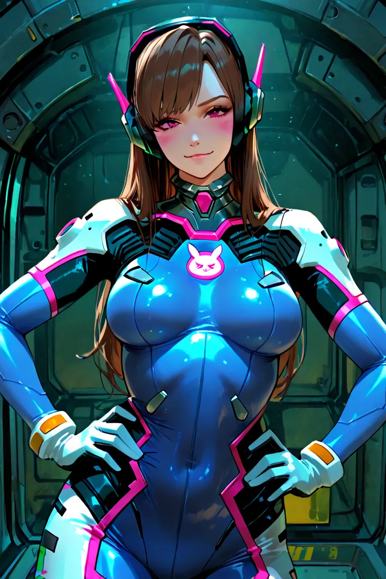 Masterpiece, Best Quality, High Resolution, 1girl, Super High Resolution, Solo, Mech Pilot, D.VA, Headphones, Pink Eyes, Blue Tights, Brown Hair, White Gloves, Cat Face Adornament, lifted by self