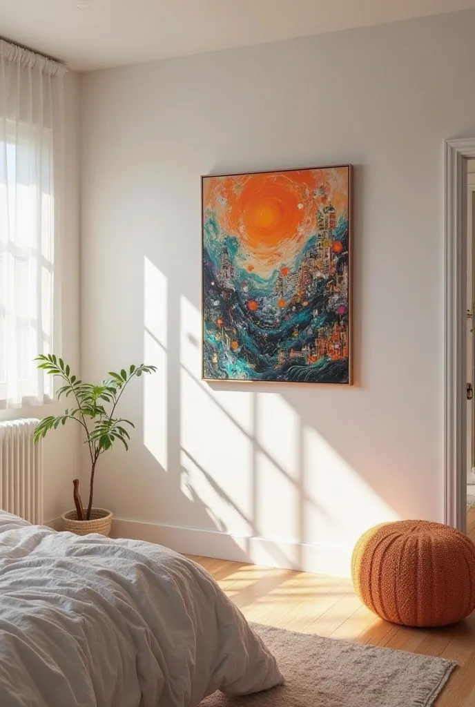 A bedroom with a simple bright wall and a painting by Boynextdoor