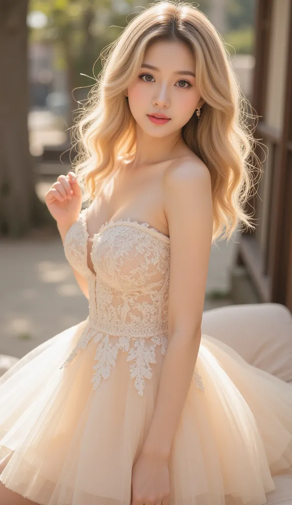 In the picture, there is a girl wearing a glowing dress. She has long, wavy hair in light blonde that shines with luster, full of vitality. She is dressed in a beige strapless net - tulle short dress. The strapless part is made of lace overlay. The straple...