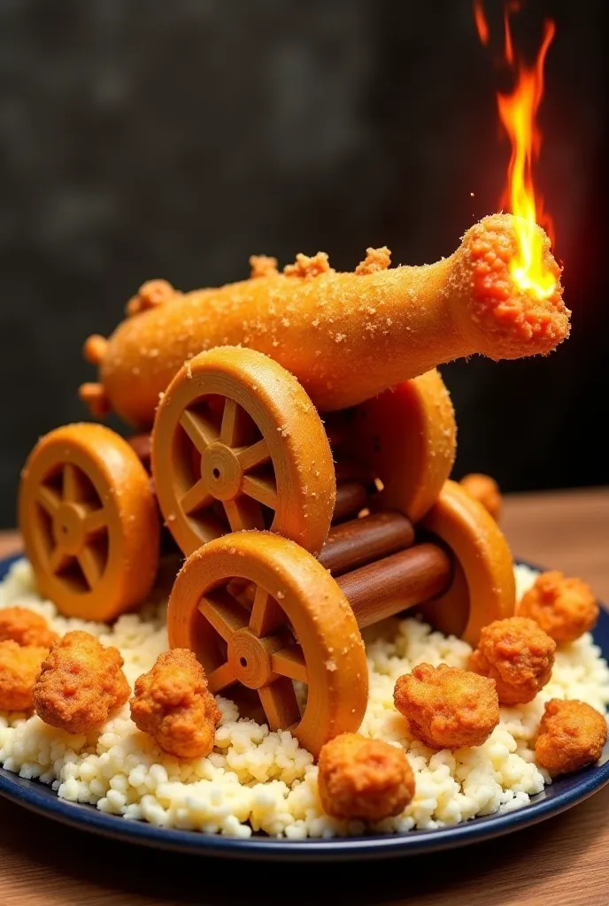 "A unique and imaginative Ramadan cannon crafted entirely from crispy fried chicken. The base of the cannon is made of large, golden-brown chicken drumsticks, carefully arranged to resemble sturdy wooden wheels. The cannon's barrel is a long, crunchy chick...