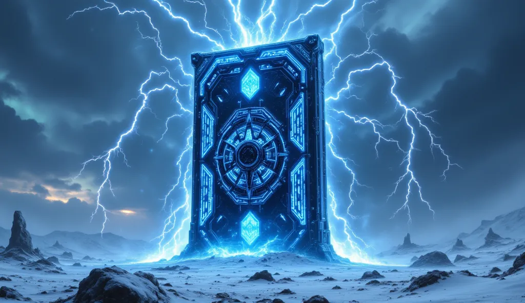 "A massive futuristic generator crackling with electric energy, adorned with glowing blue runes. The generator is made of steel and ice, and its surface is covered in holographic runes. The background shows a snowy battlefield, lightning bolts striking the...