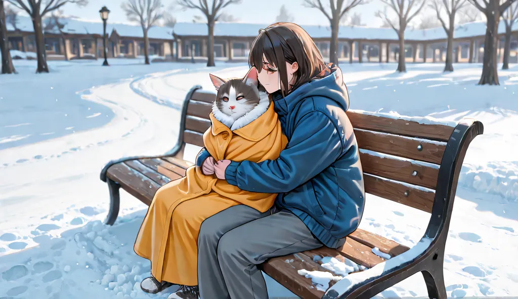 In the scene, a homeless cat is depicted sitting on a park bench, evoking a tug at the heartstrings. The park is covered in a blanket of snow, with soft flakes falling gently, adding to the atmosphere of cold solitude.

The cat, with a distinctive fluffy g...