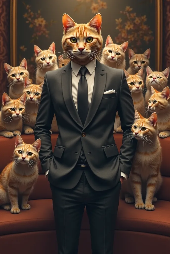 boss cat with many girlfriends in a suit